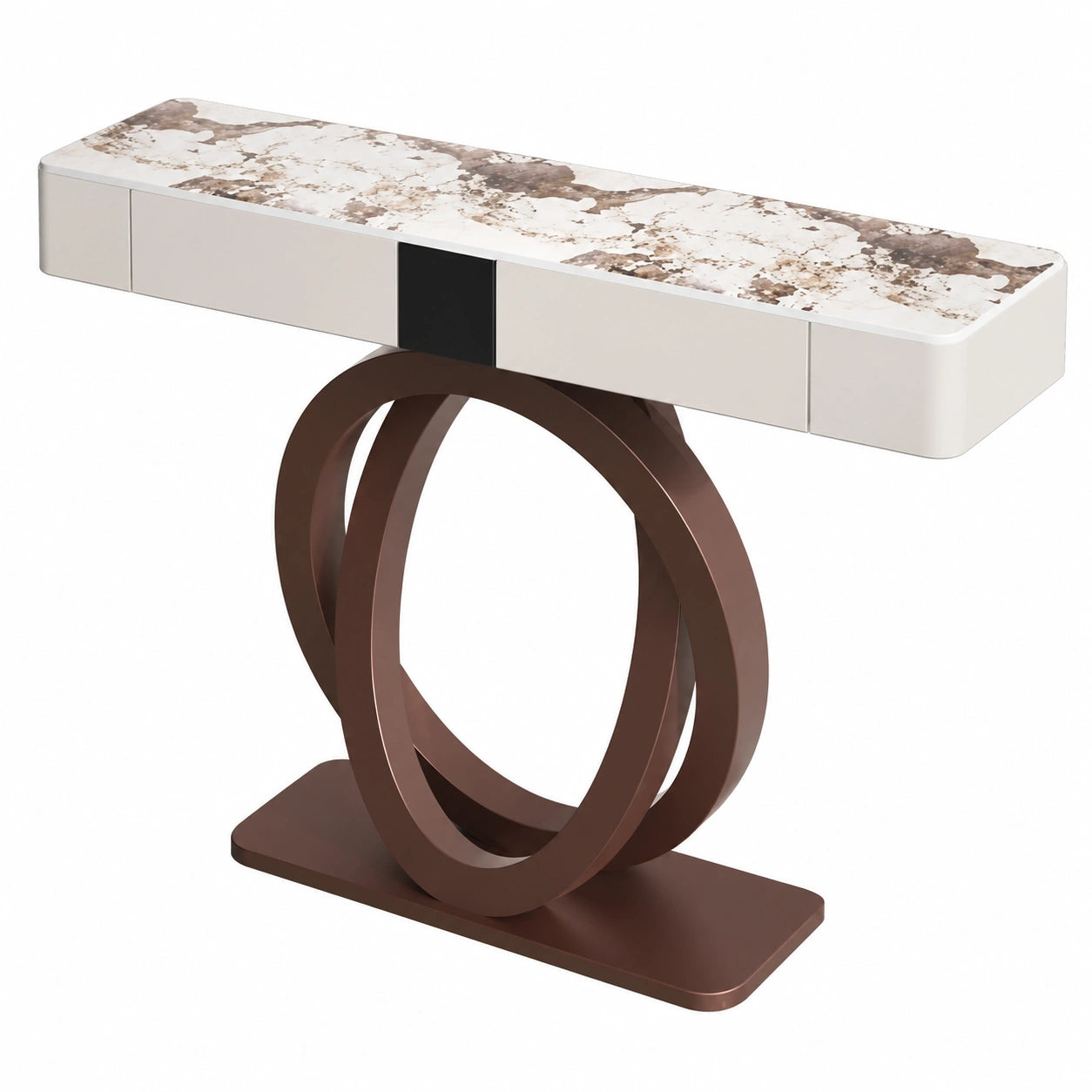 Consolle Contemporanea Ellittica per Ingresso con Base ad Anelli Doppi, Piano in Ardesia, Tavolo di Lusso con Cassetti, Mobile Elegante per Casa (Bronzo B, 80 cm)