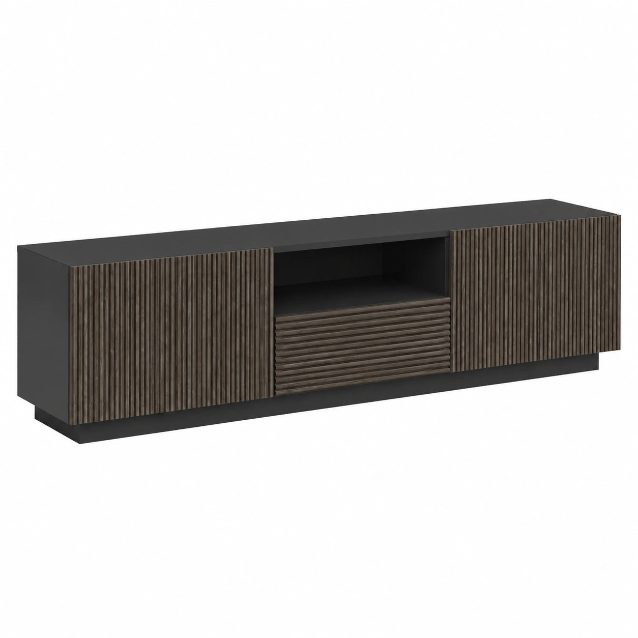 Mobile Porta TV in Stile Canneté con 4 Ante e 1 Cassetto, 220x43x46 cm, Finitura Antracite e Legno Scuro