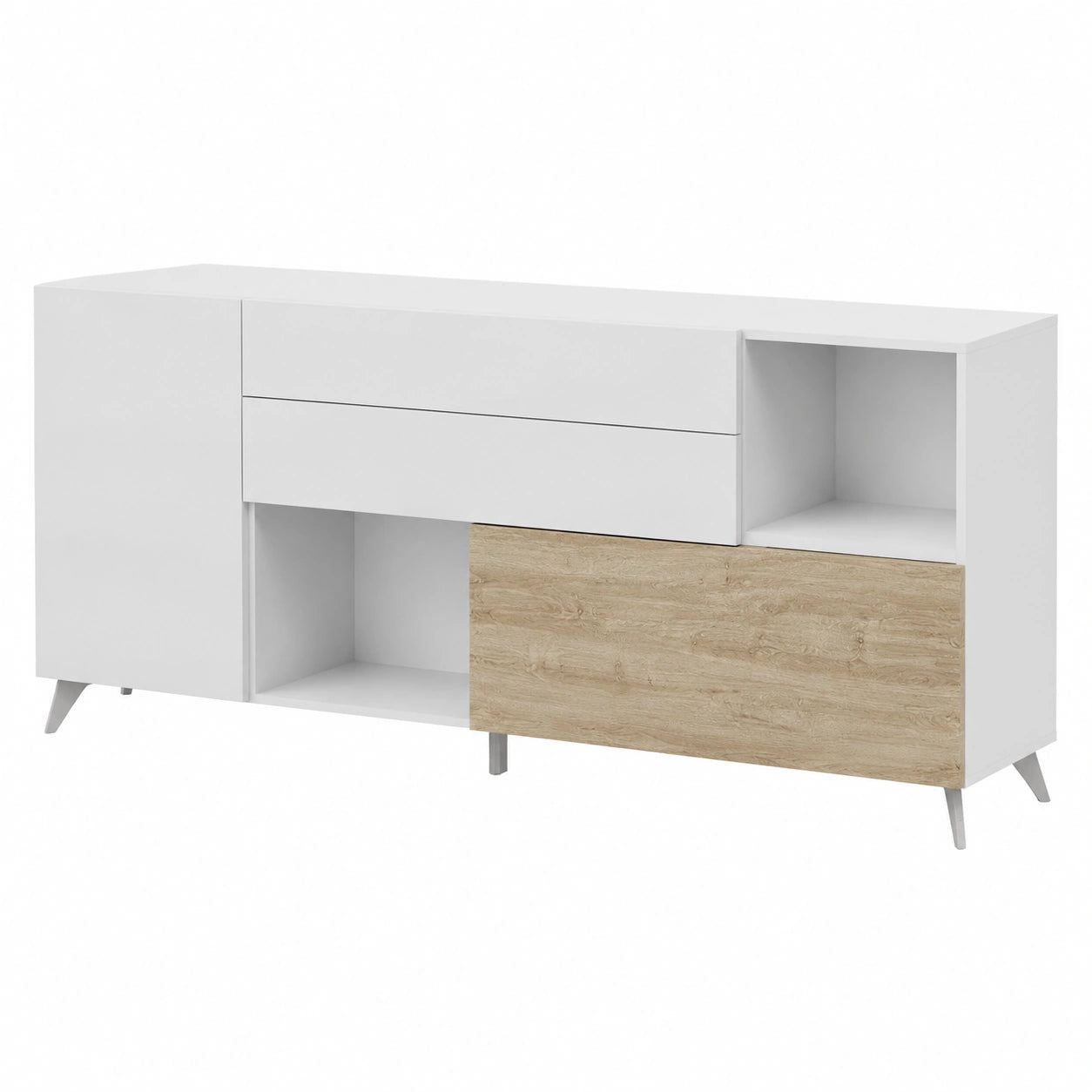 Madia Moderna Made in Italy con Ante e Cassetti – Credenza Serie Riviera per Ogni Spazio (Bianco Lucido/Kadiz, 240cm)