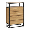Comò Moderno con 4 Cassetti e Piano in Vetro, Salvaspazio in Acciaio per Camera da Letto e Soggiorno, 60x40x94.5 cm, Effetto Teak