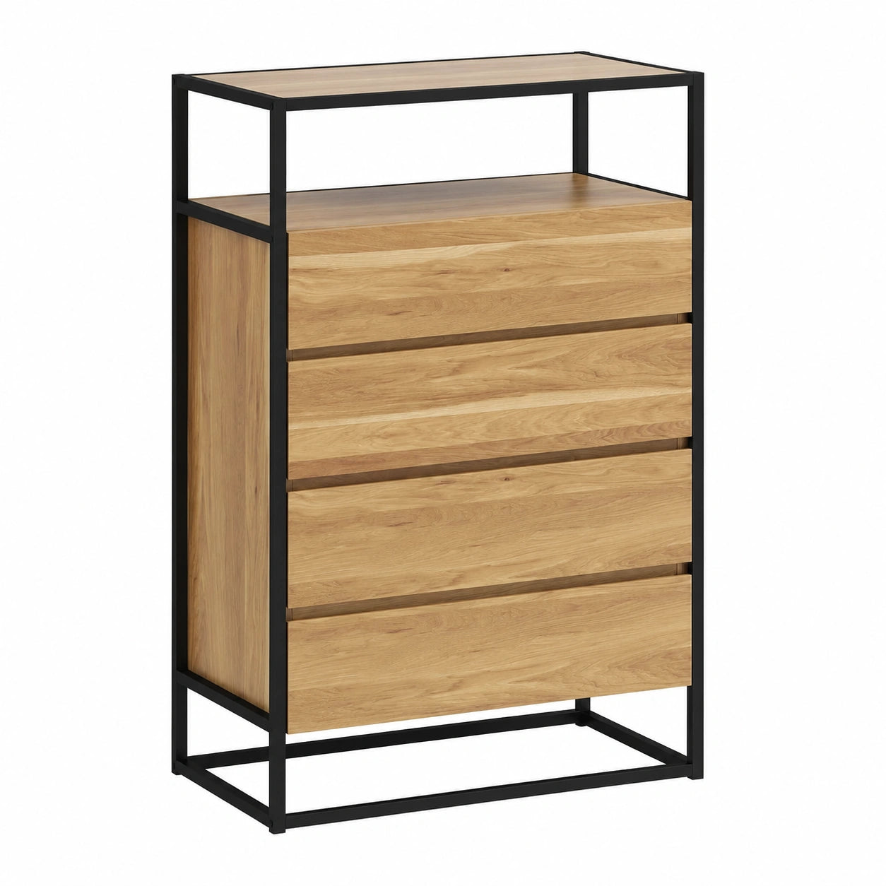Comò Moderno con 4 Cassetti e Piano in Vetro, Salvaspazio in Acciaio per Camera da Letto e Soggiorno, 60x40x94.5 cm, Effetto Teak