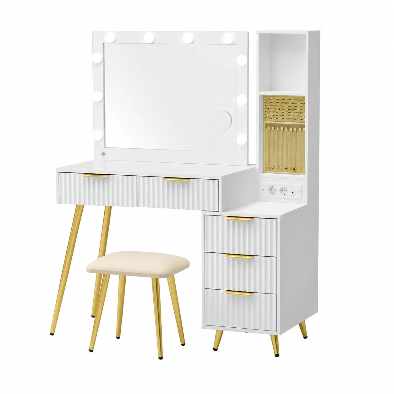 Tavolo da Trucco con Specchio LED e Accessori Completi, Bianco Nuvola